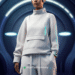 futuristic white clothing designs, minimalist fashion 2125, smart white fabrics, sustainable fashion technology