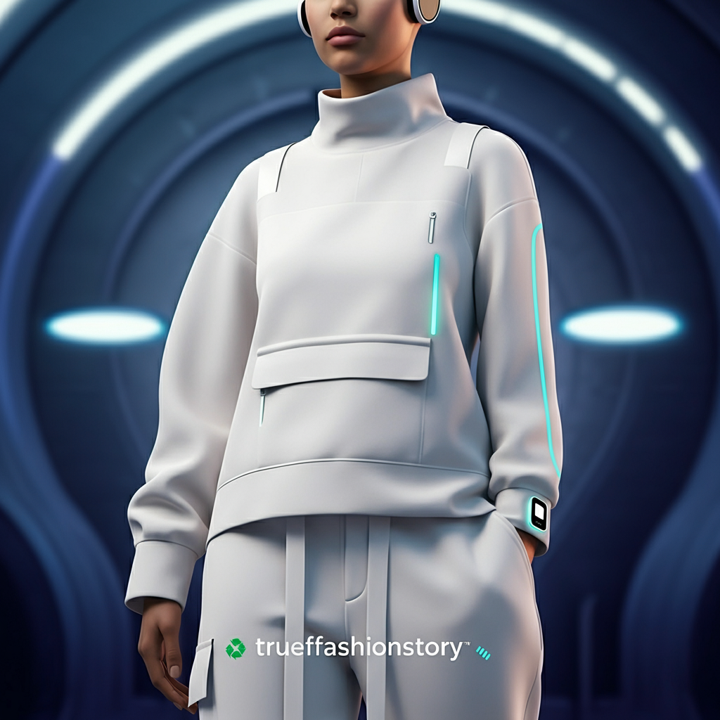 futuristic white clothing designs, minimalist fashion 2125, smart white fabrics, sustainable fashion technology