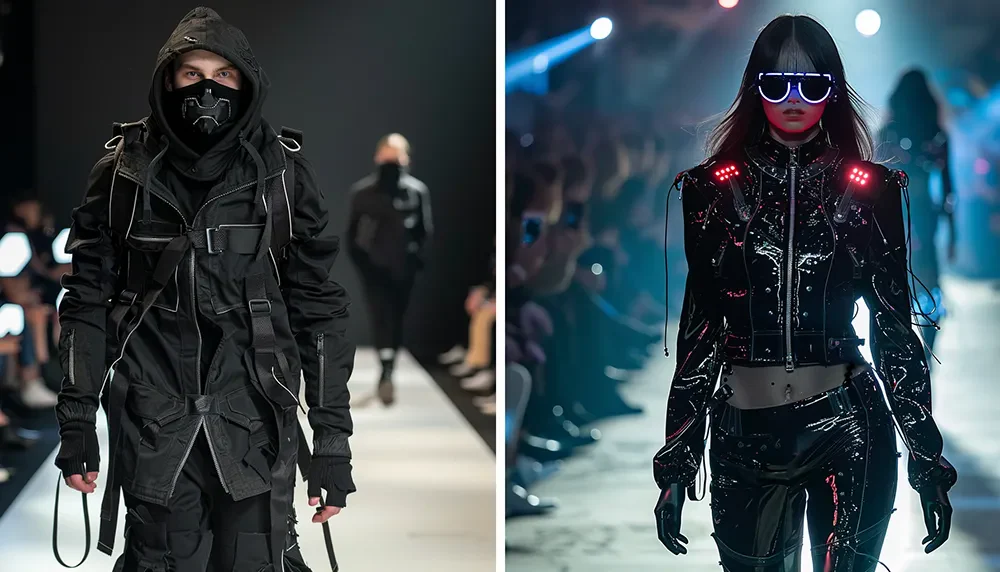 Model wearing dystopia fashion outfit with futuristic urban styling