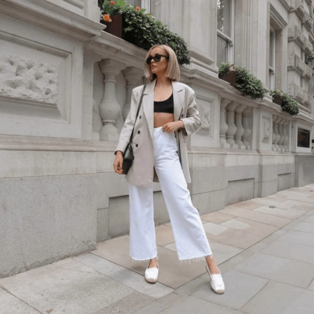 A minimalist modern outfit representing fashion white 2125 style trends