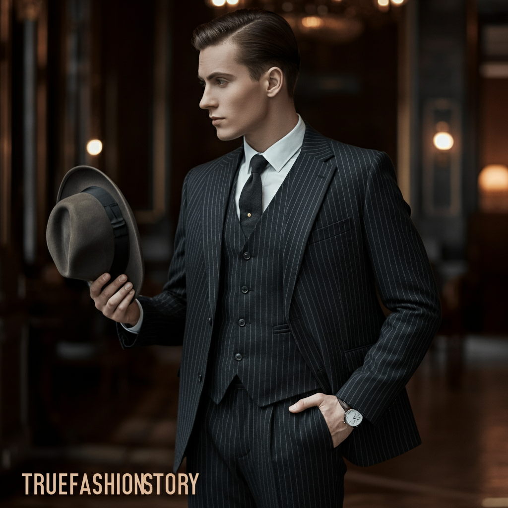 A stylish man dressed in a 1920s three-piece pinstripe suit, holding a fedora hat and looking thoughtfully to the side.