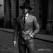 A black and white photo of a man in a classic 1940s double-breasted suit and fedora, standing on a city street.