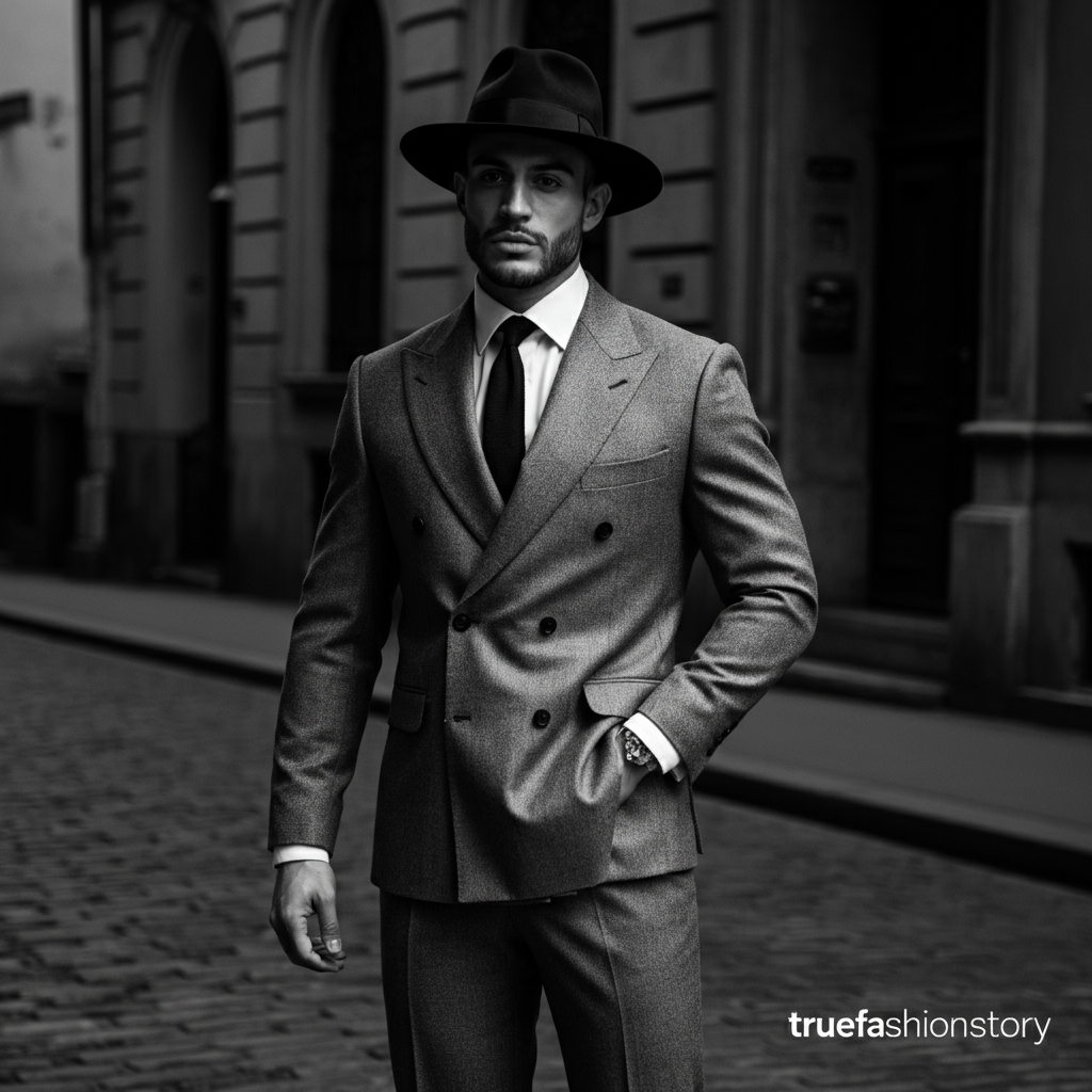 A black and white photo of a man in a classic 1940s double-breasted suit and fedora, standing on a city street.