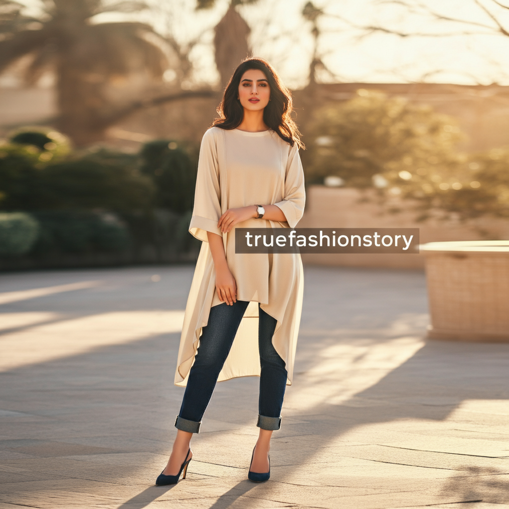A woman smiling while wearing a flowing Beverly Hills tunic in a soft ivory color, paired with slim-fit dark jeans in a sunny outdoor setting.