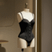 A woman wearing a stylish black corset bodysuit paired with dark wash jeans, standing in a chic, modern living room.