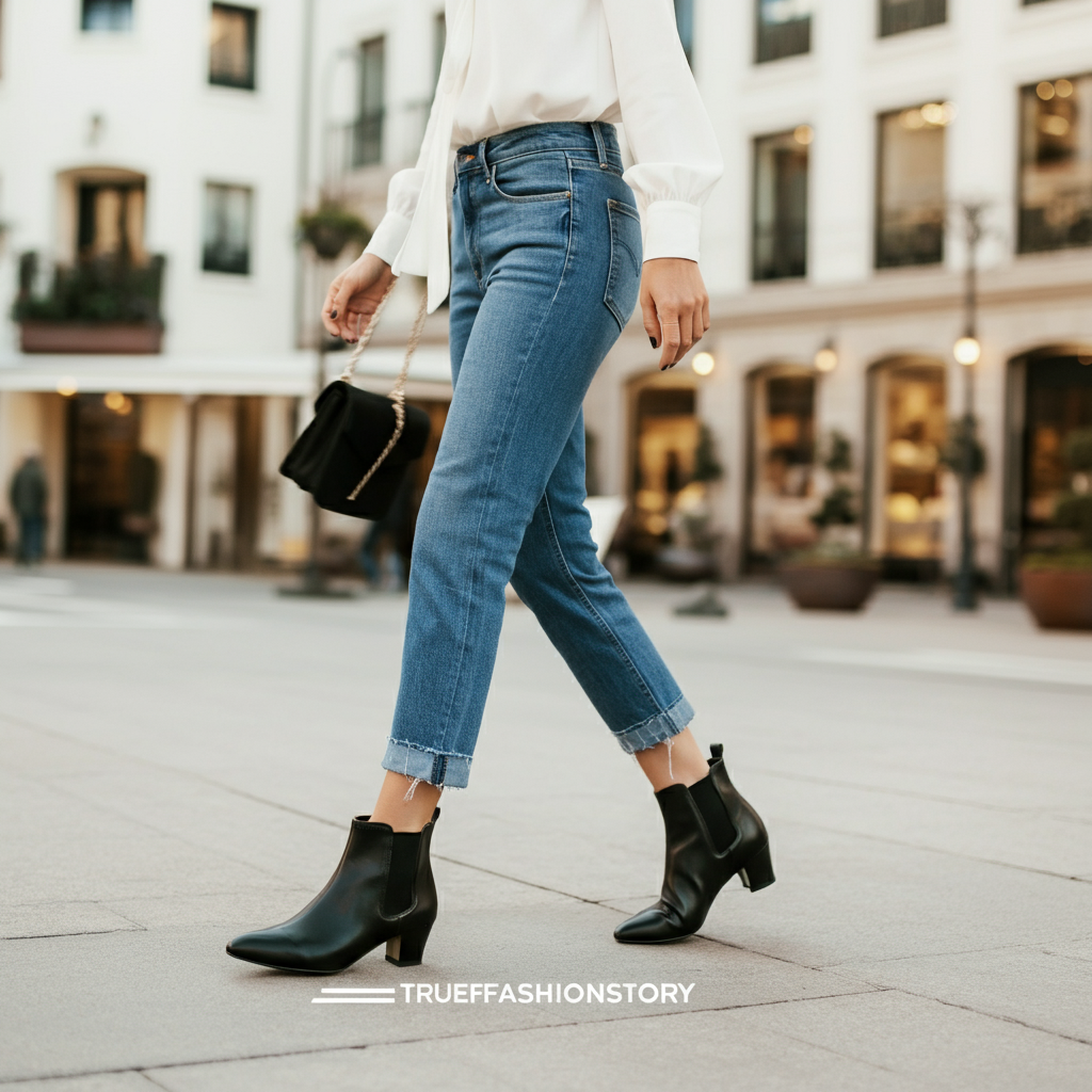 A stylish woman wearing black kitten heel ankle boots with cropped blue jeans and a white blouse, walking down a city street.