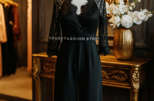 A woman wearing a stylish black lace jumpsuit with elegant accessories.