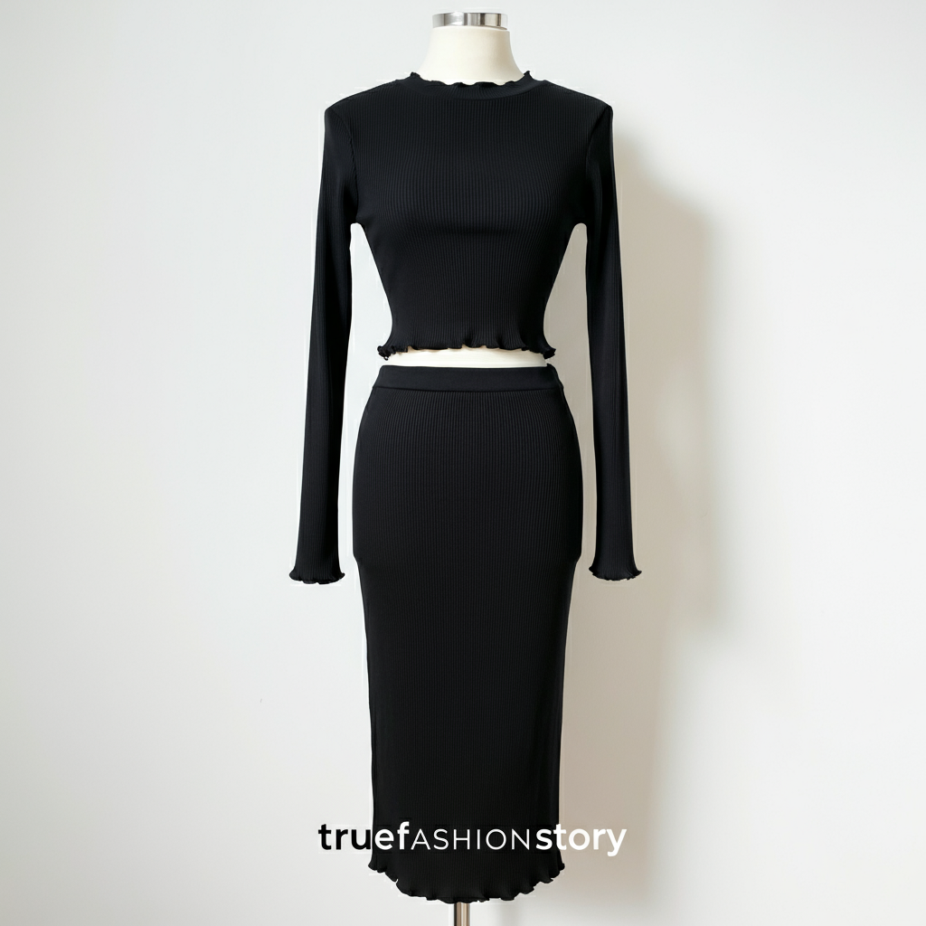 up to no good ribbed midi skirt set black