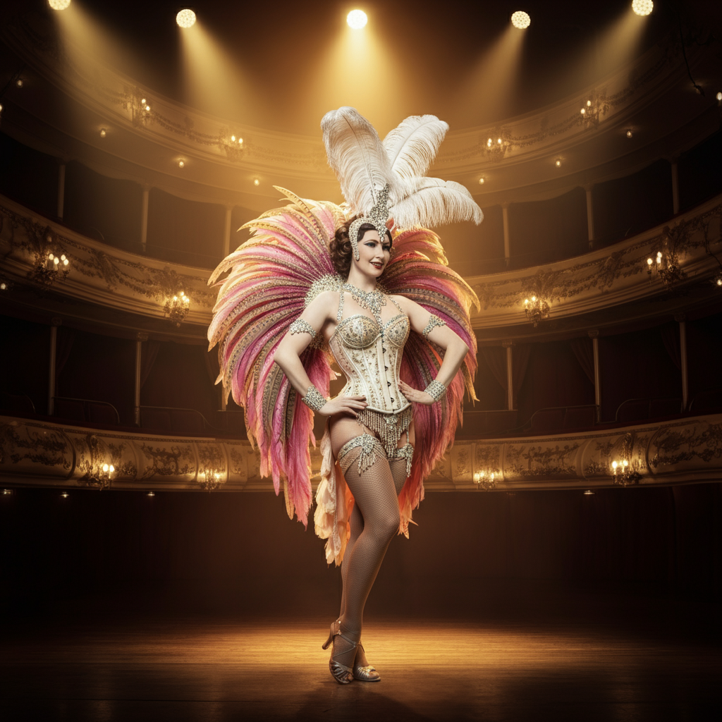 A stunningly dressed burlesque performer on stage, wearing an ornate corset, feather headdress, and sparkling costume, embodying the glamour of burlesque fashion.