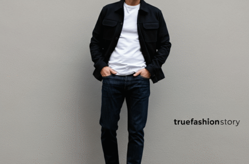 A stylish man dressed in a minimalist outfit of a black jacket, white t-shirt, and dark jeans, exemplifying the Daniel Simmons style.