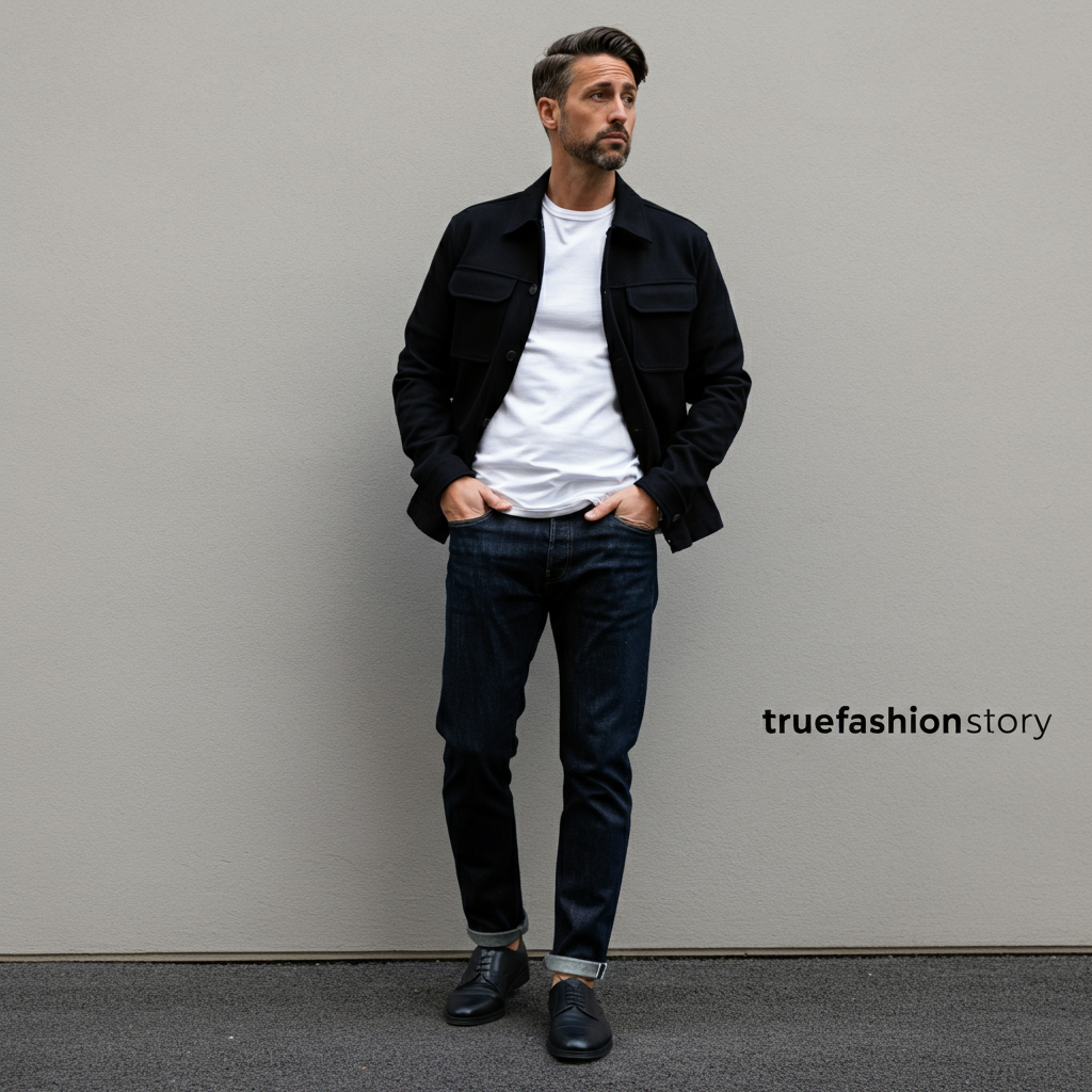 A stylish man dressed in a minimalist outfit of a black jacket, white t-shirt, and dark jeans, exemplifying the Daniel Simmons style.