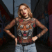 A person wearing a classic Ed Hardy mesh top featuring a colorful tiger and rose tattoo design, styled with modern jeans.