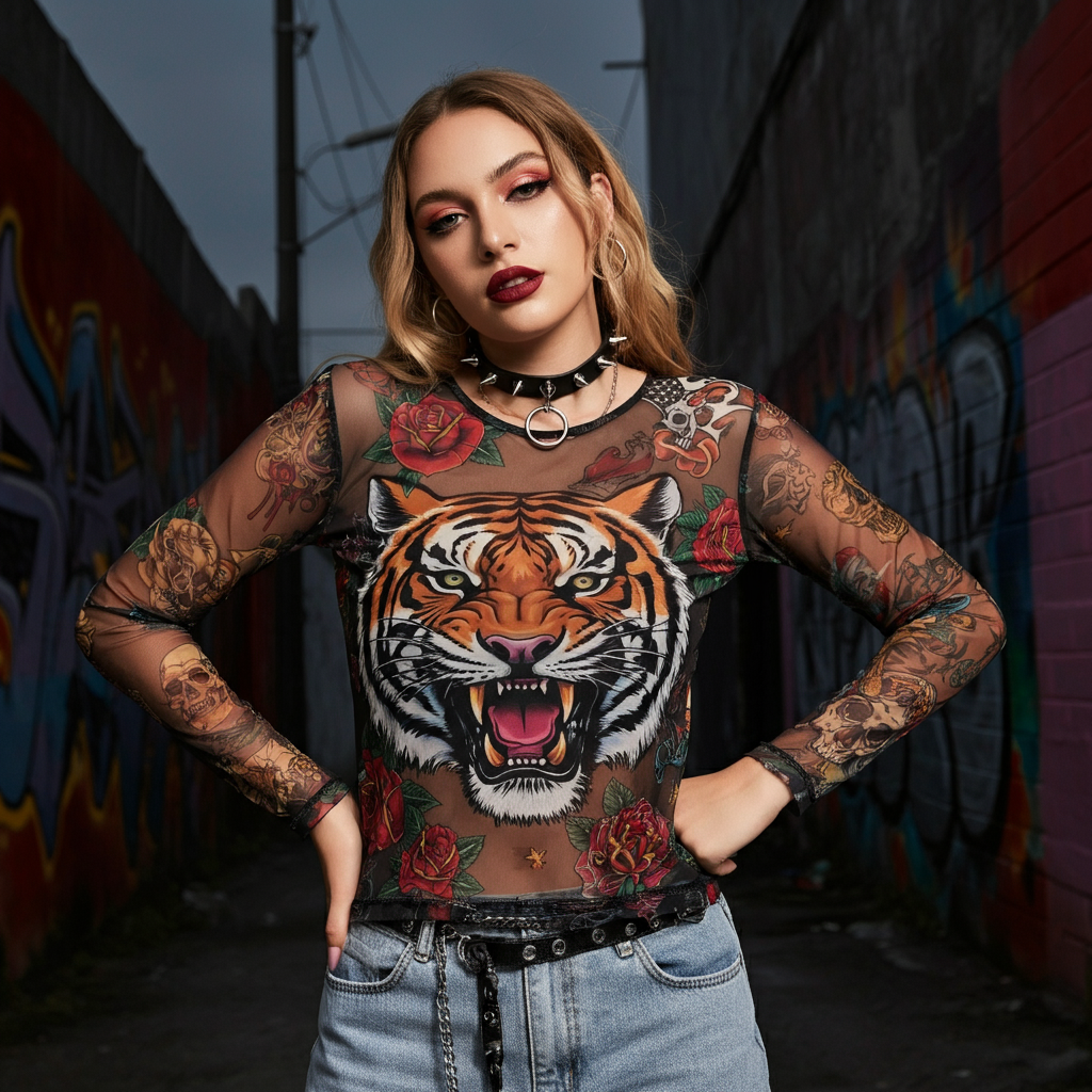 A person wearing a classic Ed Hardy mesh top featuring a colorful tiger and rose tattoo design, styled with modern jeans.