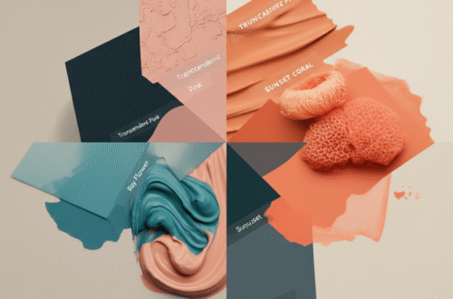 A stylish collage featuring swatches of the 2025 fashion colors: Future Dusk, Transcendent Pink, Aquatic Awe, Sunset Coral, and Ray Flower.