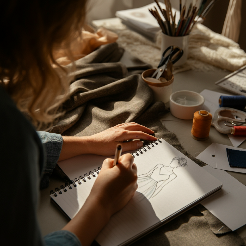 An aspiring fashion designer sketching a dress design in a sunlit studio with fabric swatches and tools on the table.