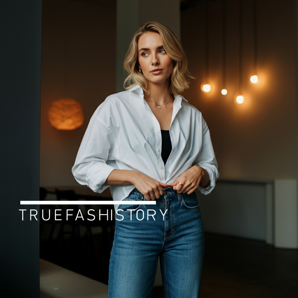 A woman smiling as she effortlessly uses a fashion hack, tucking her white shirt into her jeans.