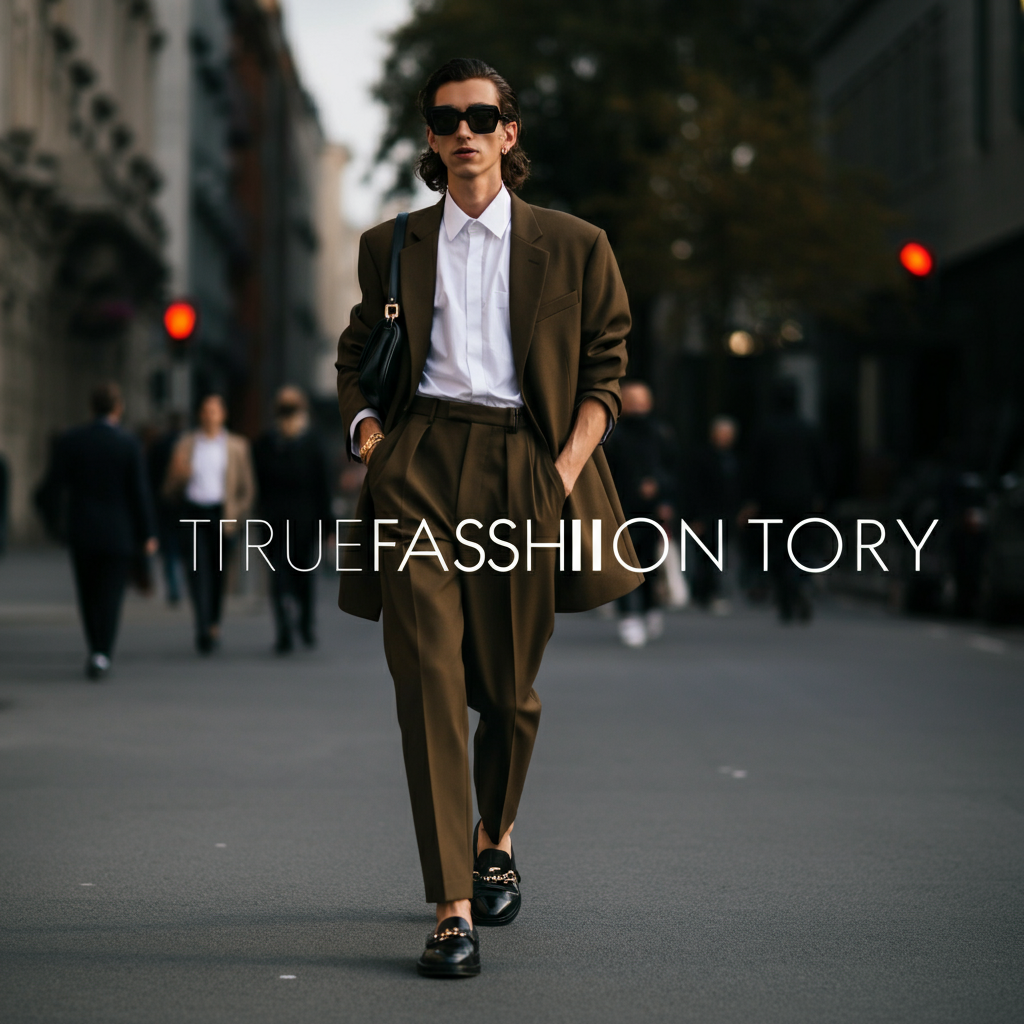 A stylish person confidently walking down a city street, wearing a chic, well-fitting outfit with statement accessories.