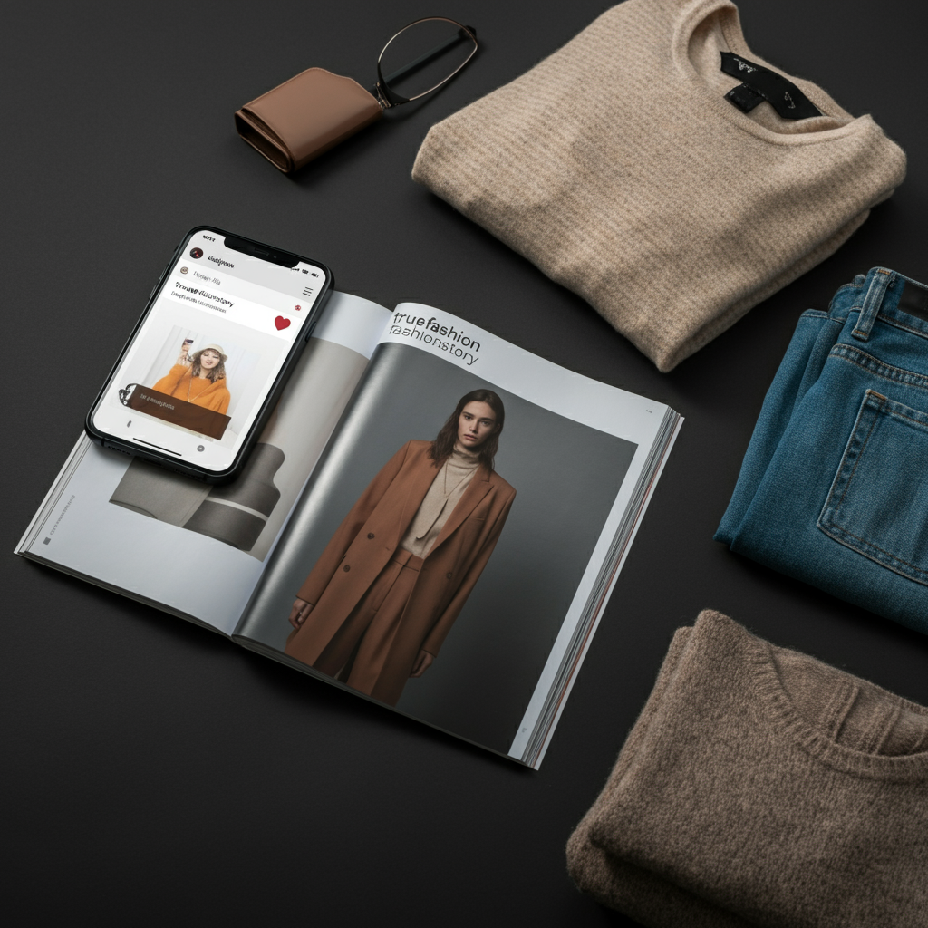 A stylish flat lay of fashion marketing elements, including a smartphone with a social media feed, a magazine, and clothing items.