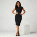 A stylish woman wearing a chic Fashion Nova black bodycon dress, posing confidently against a neutral background.