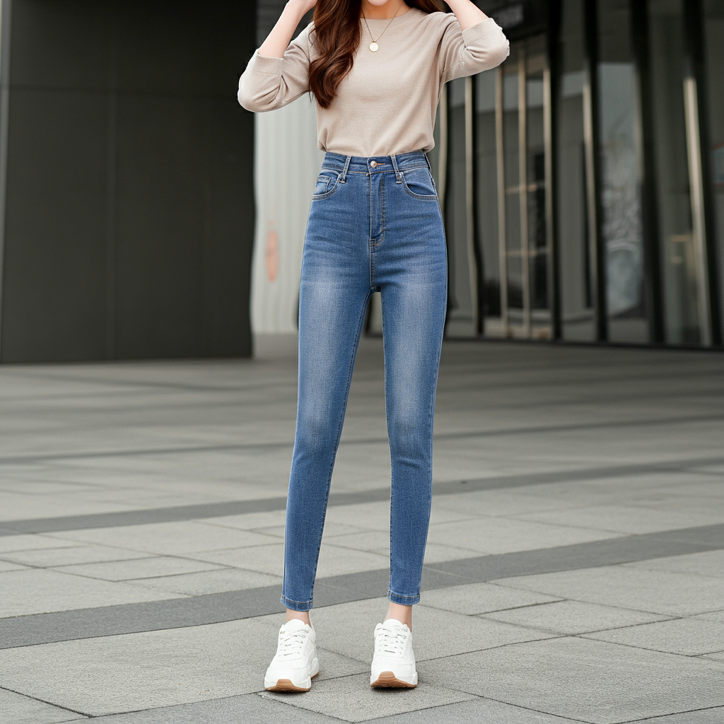 A stylish woman wearing a popular pair of high-waisted Fashion Nova skinny jeans, posing confidently against an urban background.