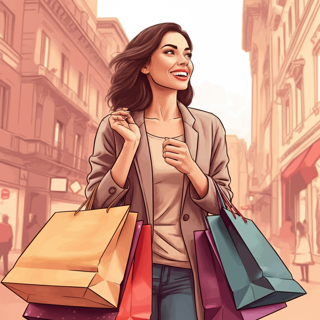 A stylish woman holding shopping bags with the Fashion Nova logo, looking happy with her purchases.