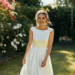 A smiling bride wearing a simple and elegant white Fashion Nova wedding dress, standing in a sunlit garden.