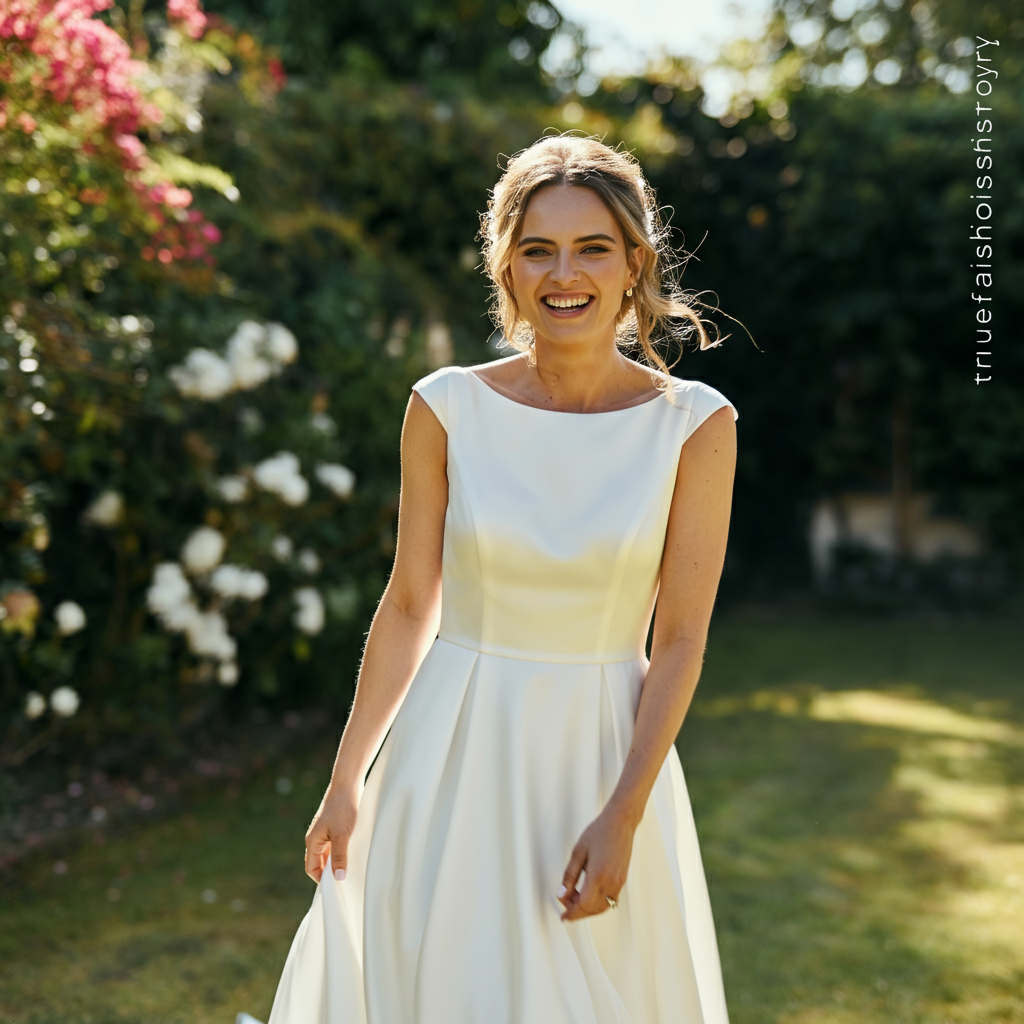 A smiling bride wearing a simple and elegant white Fashion Nova wedding dress, standing in a sunlit garden.