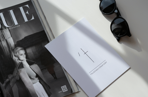 A stylishly arranged flat lay featuring a fashion magazine, a pair of classic sunglasses, and a card with an inspiring fashion quote.