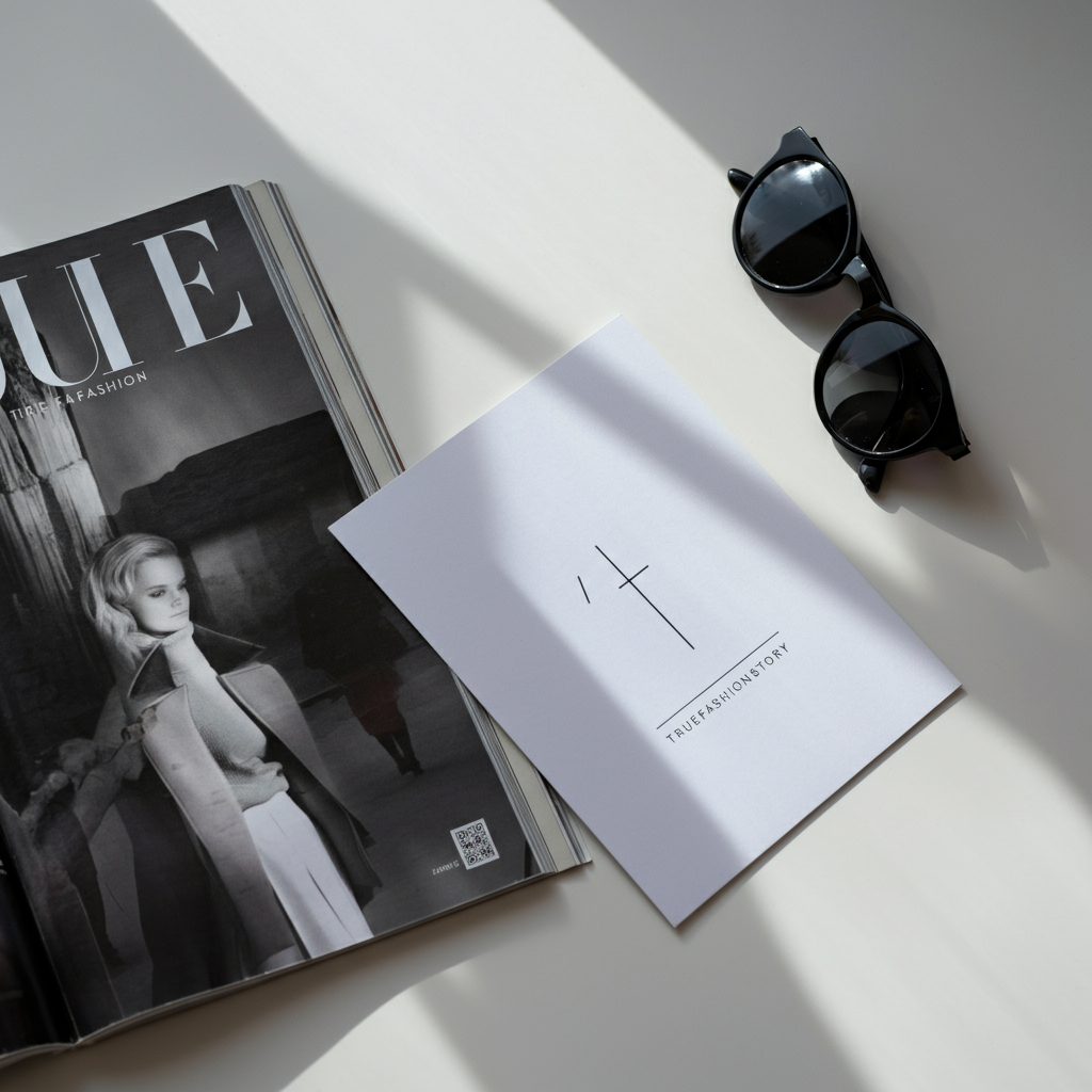 A stylishly arranged flat lay featuring a fashion magazine, a pair of classic sunglasses, and a card with an inspiring fashion quote.