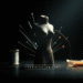 An abstract image showing a mannequin, sewing needles, and dramatic, shadowy lighting to evoke a mysterious fashion theme.