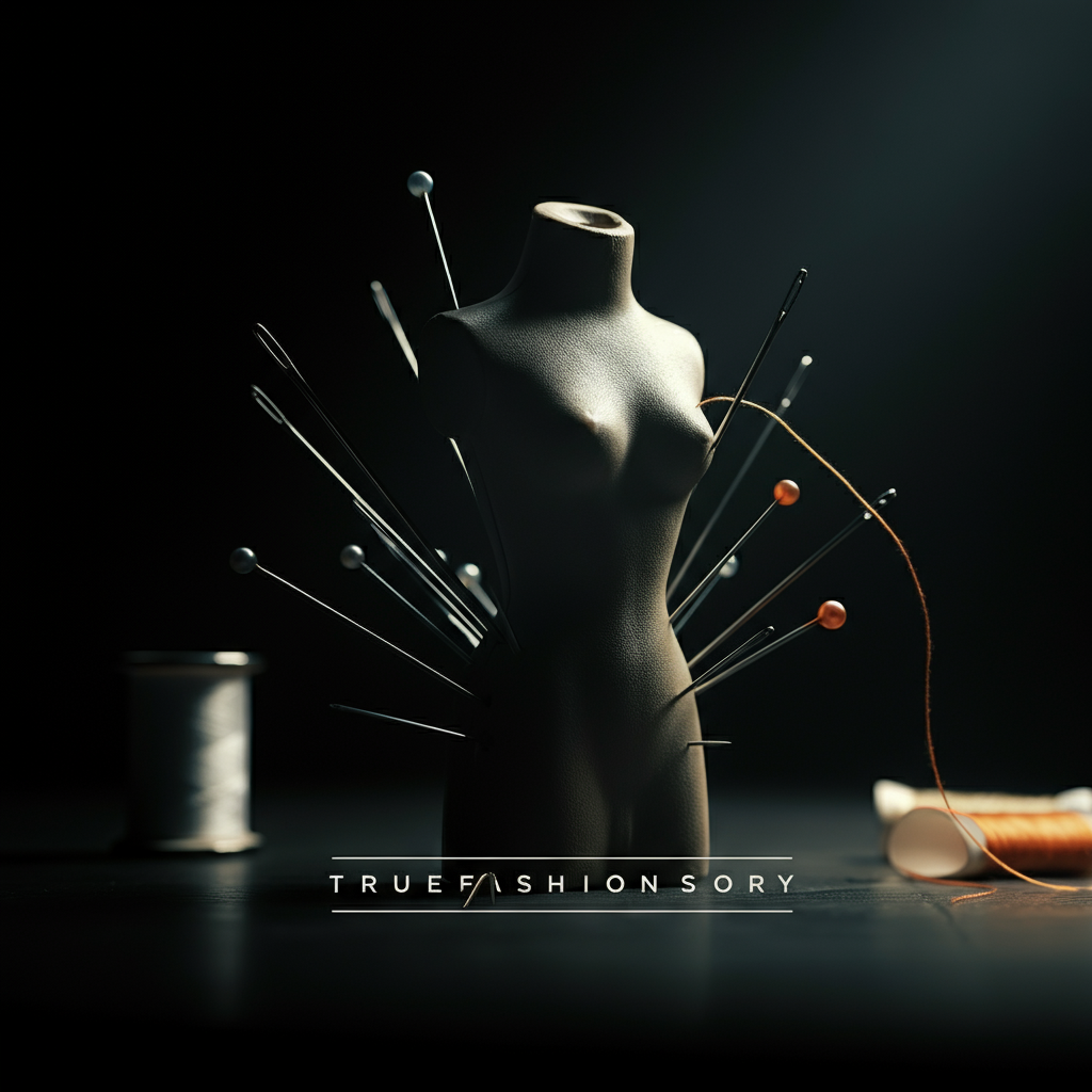 An abstract image showing a mannequin, sewing needles, and dramatic, shadowy lighting to evoke a mysterious fashion theme.