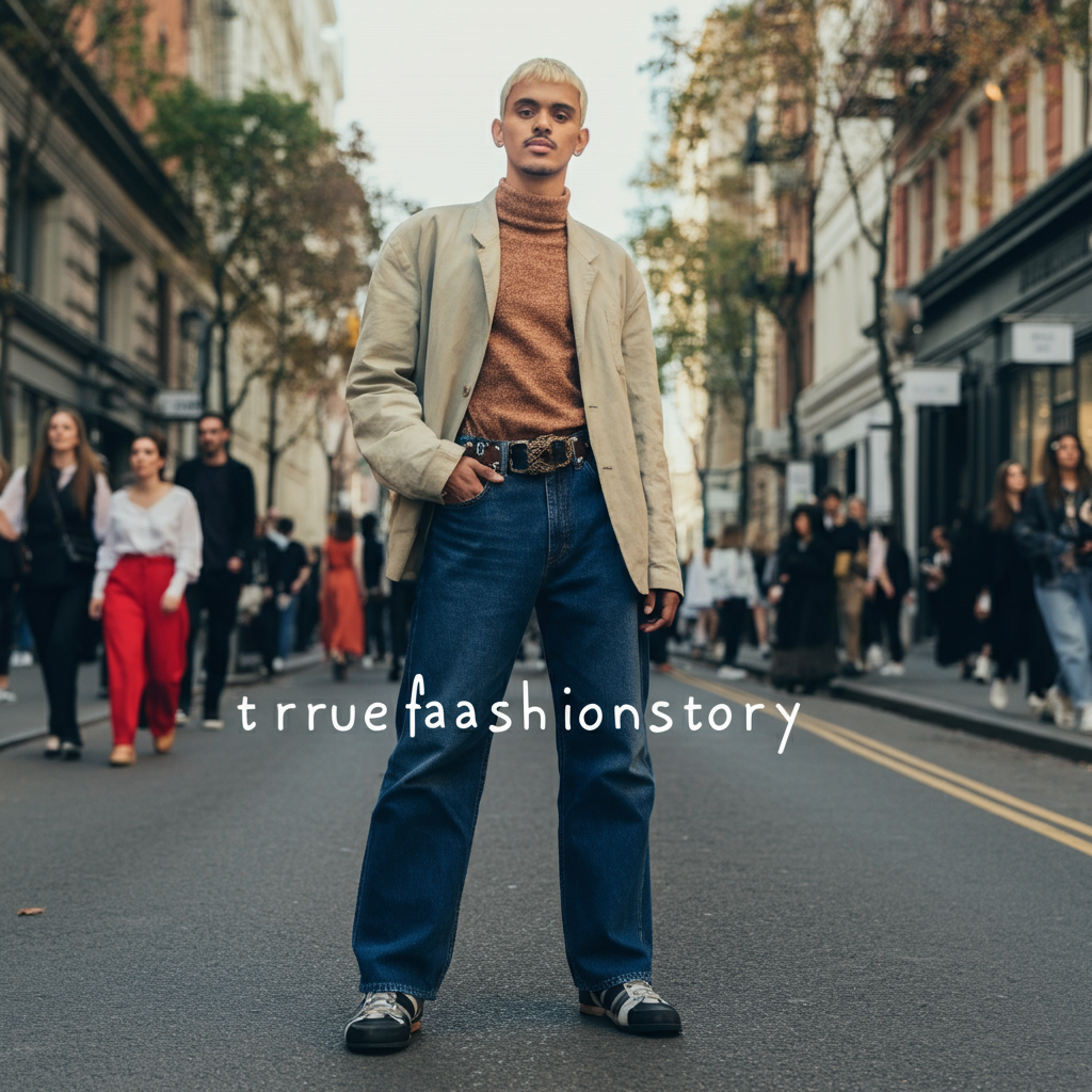 A stylishly dressed person confidently posing for a photo on the street during fashion week.