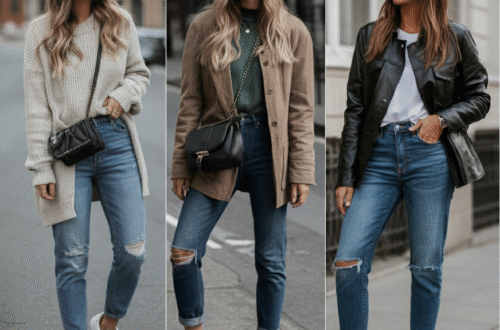 A diverse collection of stylish outfits on a mood board, representing different fashion styles like classic, bohemian, and minimalist.