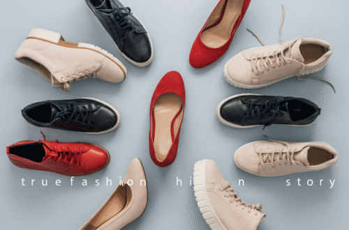 A stylish collection of fashionable wide width shoes, including colorful heels, chic ankle boots, and comfortable sneakers, arranged on a bright, clean background.