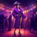 A person confidently modeling a complete female pimp costume, featuring a purple faux fur coat, a wide-brimmed hat, and a decorative cane.