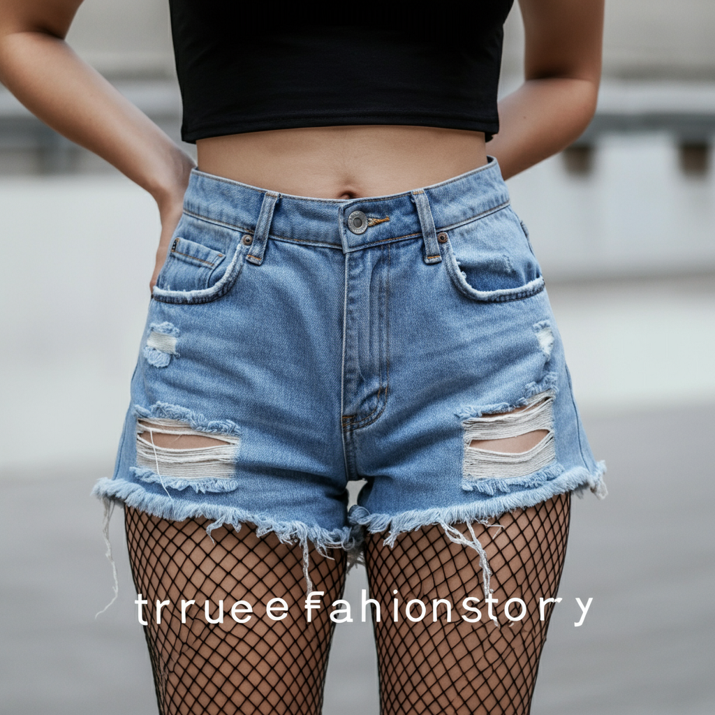 A person wearing black high-waisted fishnet shorts layered under ripped light-wash denim shorts, paired with a black crop top and standing against a neutral urban background.