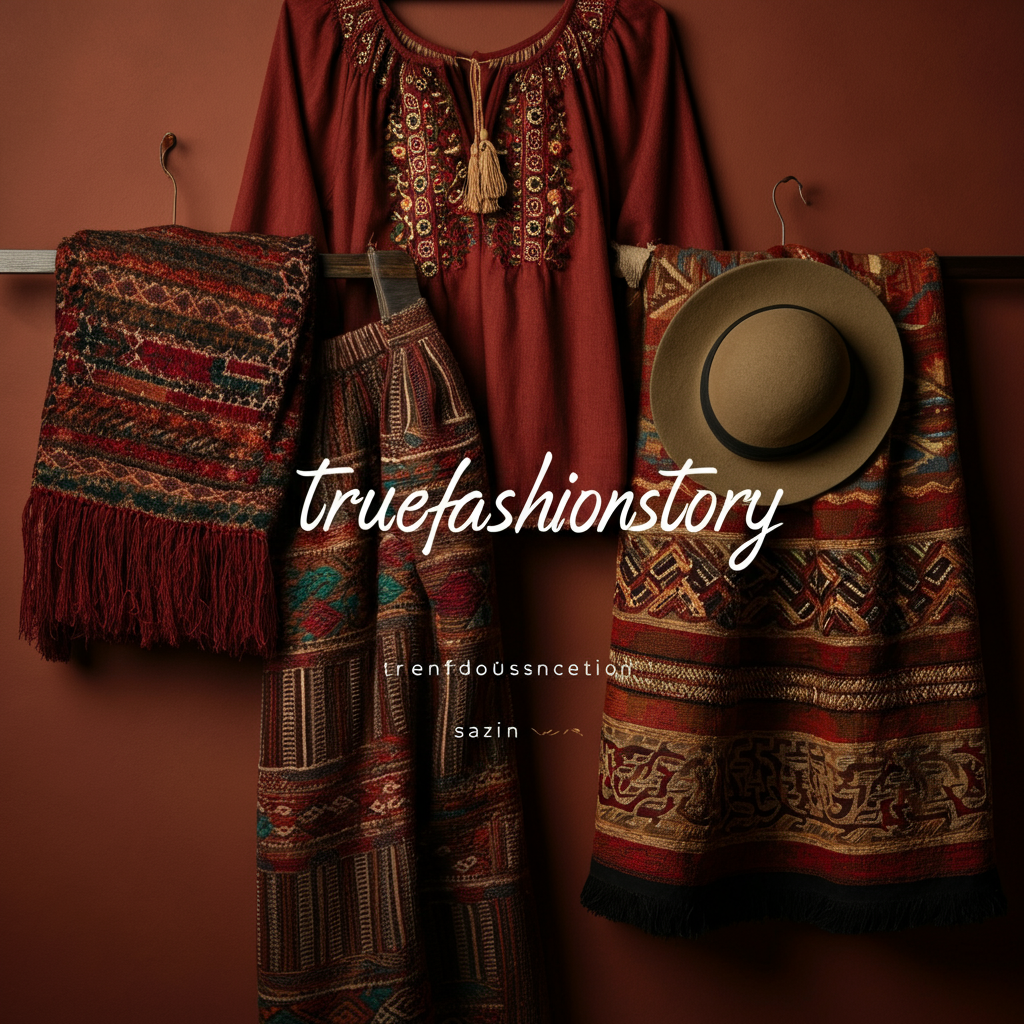 Traditional folklore fashion garments including embroidered blouses, folk costumes, cultural textiles, handcrafted accessories