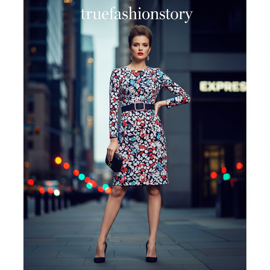 Woman wearing stylish express fashion dress, affordable trendy clothing, versatile outfit styling, modern wardrobe essentials