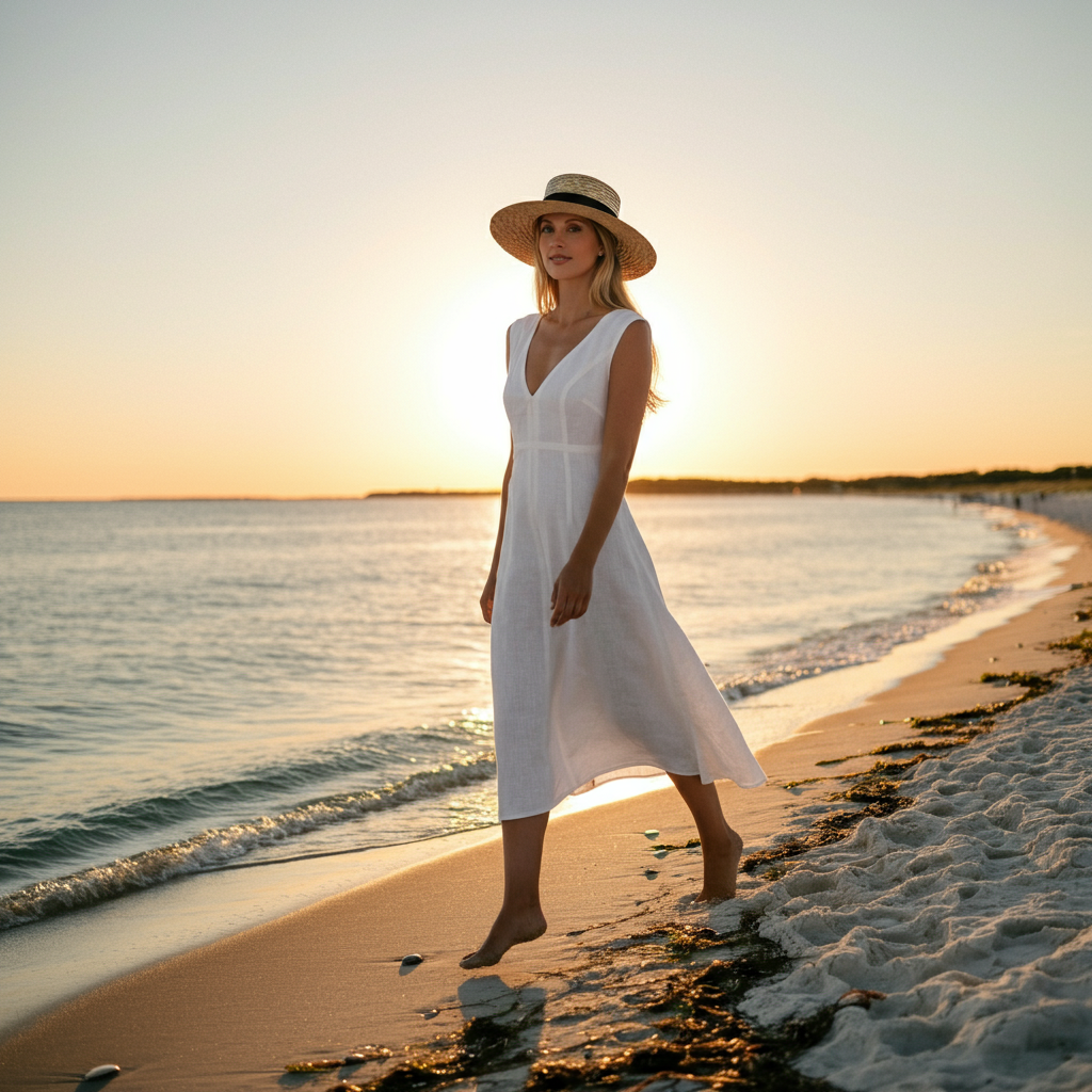 A stylish woman in a white linen dress and straw hat walking along a beach in the Hamptons at sunset.