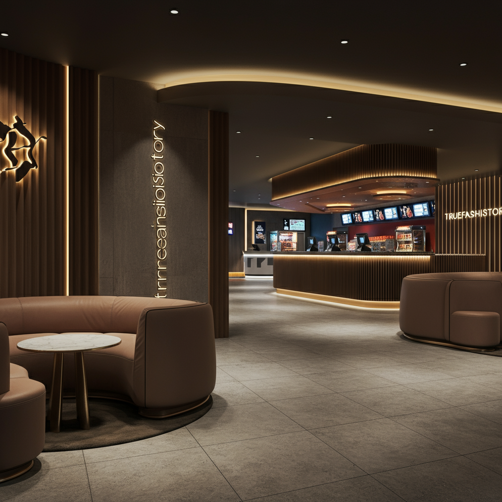 A wide shot of the modern and luxurious lobby of Harkins Fashion Square, with guests waiting near the concession stand.