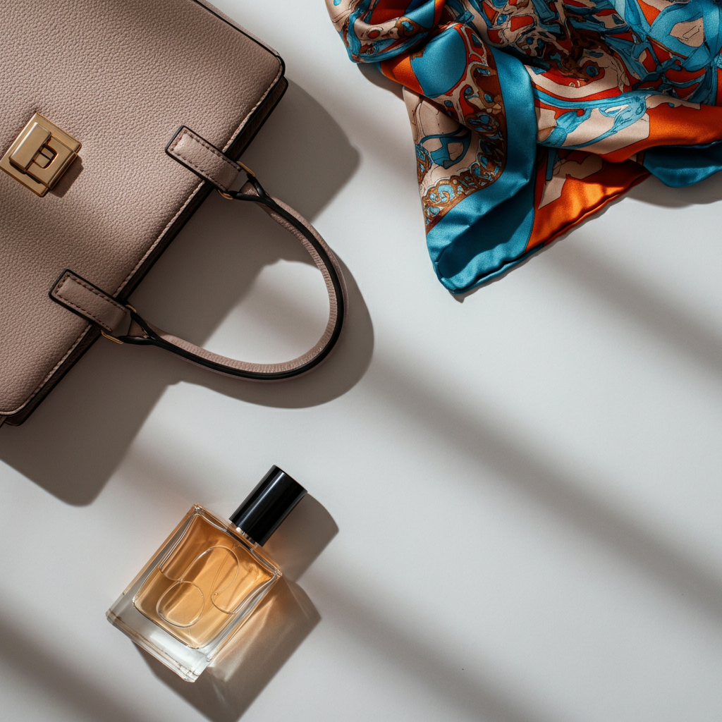 A stylish flat lay of iconic accessories from several top luxury fashion brands, including a handbag, a silk scarf, and a bottle of perfume.