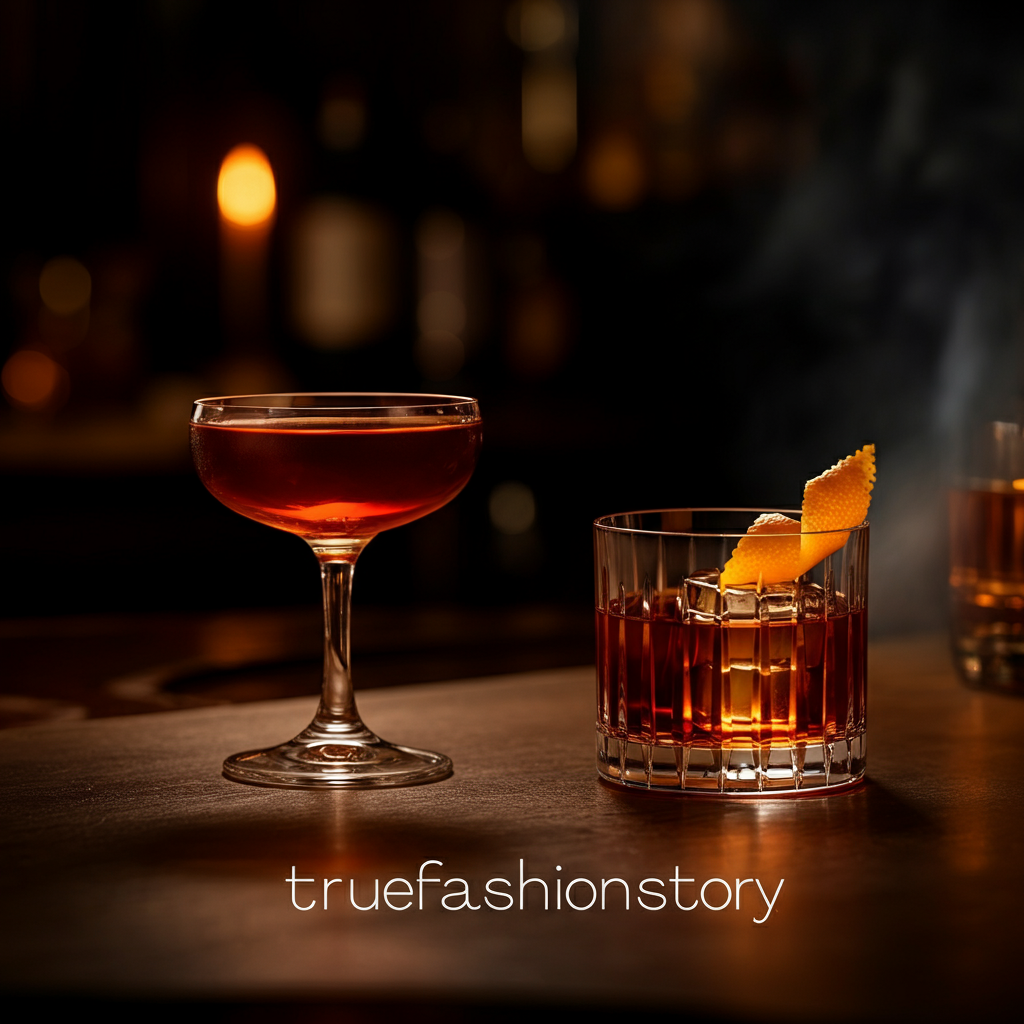 Manhattan cocktail in coupe glass next to Old Fashioned in rocks glass with orange peel garnish
