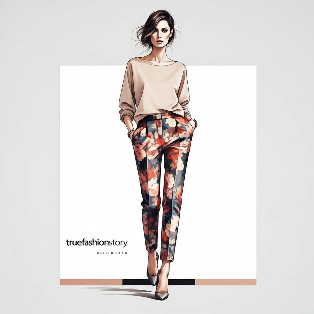 Melania Trump wearing a stylish outfit featuring tailored floral pants, paired with a solid-colored top and high heels.