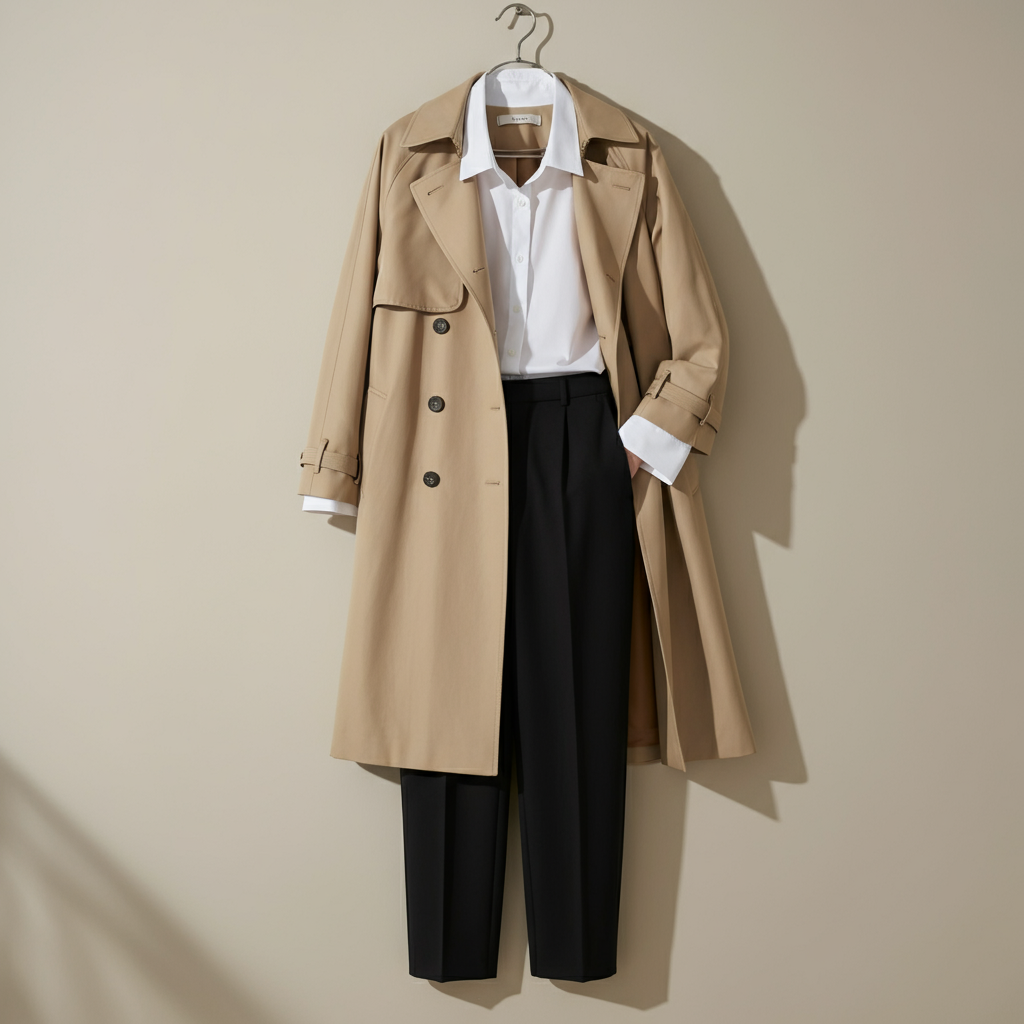 A woman wearing a chic, neutral-toned outfit from a minimalist fashion brand, standing in a simple, well-lit setting.