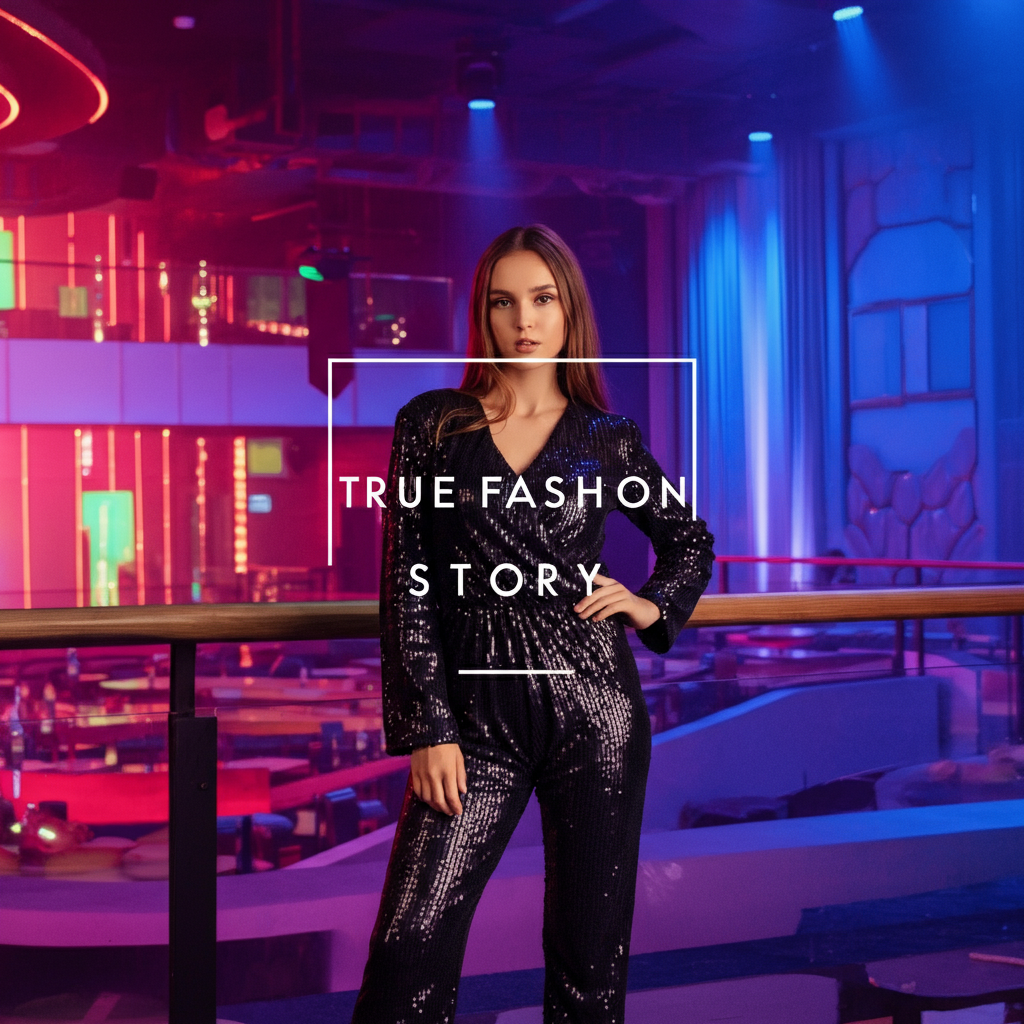 A stylish woman in a shimmering black sequin jumpsuit posing confidently inside a modern nightclub.