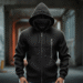 A person wearing a stylish black no face no case hoodie, zipped up completely to cover their face, standing against an urban background.