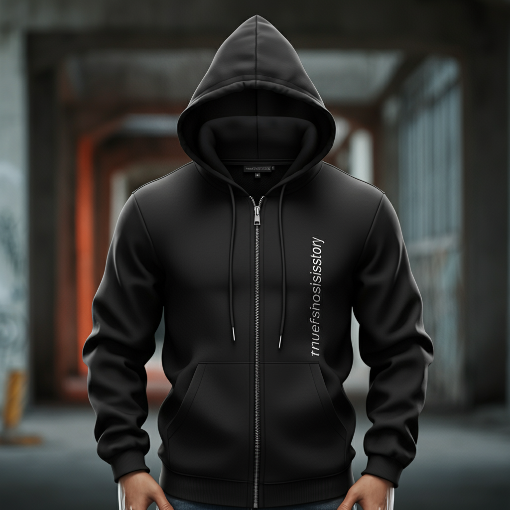 A person wearing a stylish black no face no case hoodie, zipped up completely to cover their face, standing against an urban background.