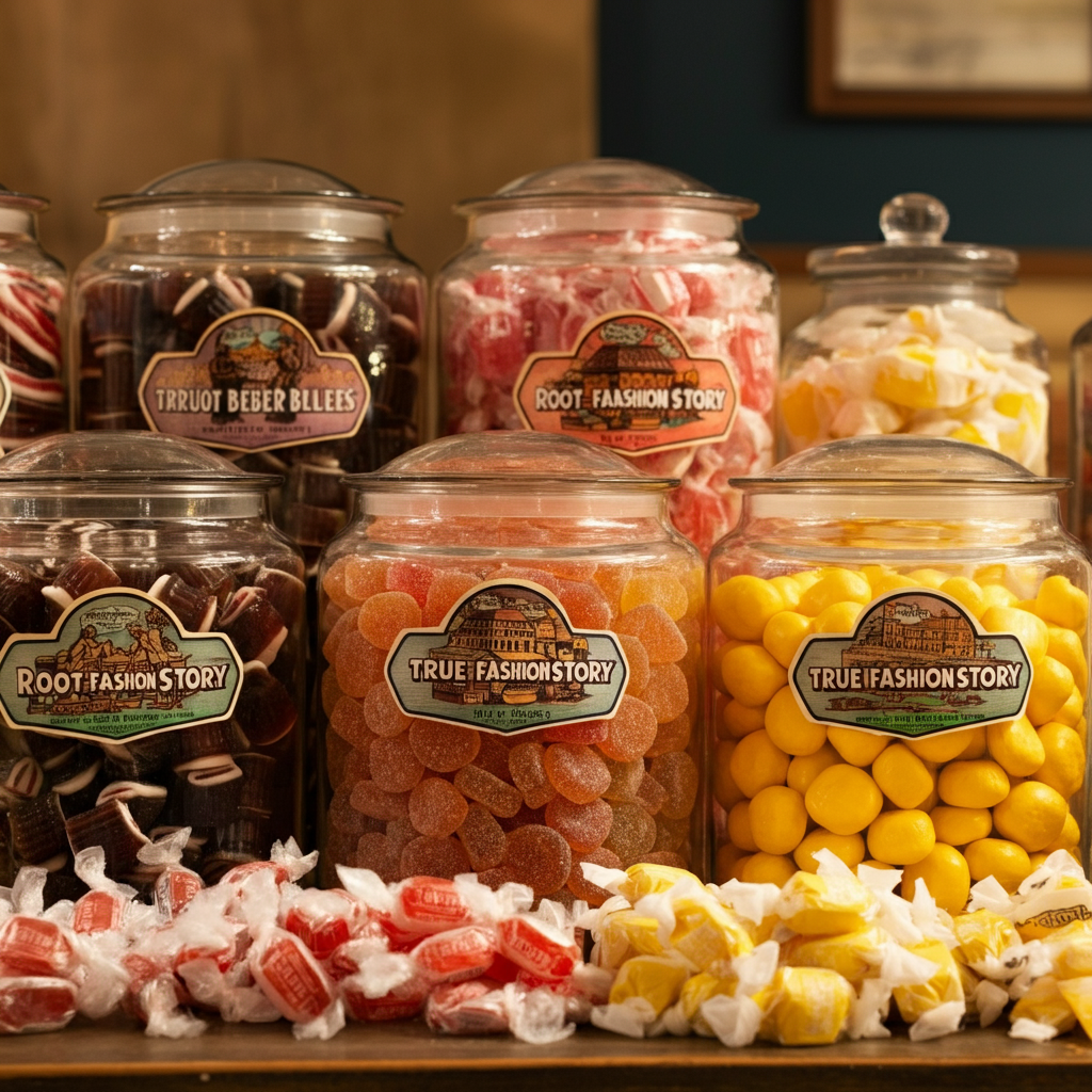A colorful assortment of various old fashion candies, including root beer barrels, salt water taffy, and lemon drops, arranged in classic glass jars.