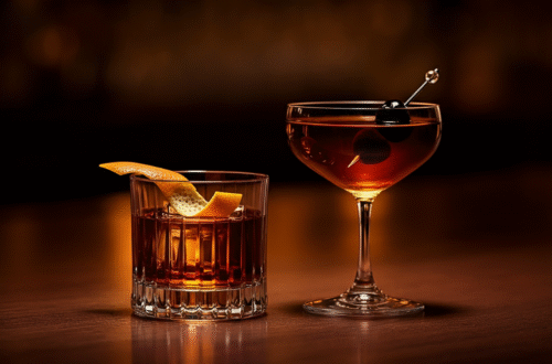 Two classic cocktails side by side showing Old Fashioned and Manhattan with their distinct garnishes and glassware