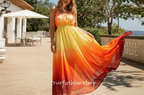 A woman wearing a beautiful floor-length orange ombre dress, with colors blending from dark orange at the bottom to light yellow at the top, standing in a sunny outdoor setting.